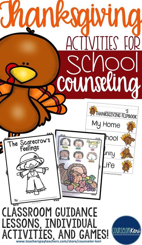 Thanksgiving and fall-themed resources and activities for elementary school counseling! classroom guidance lessons, individual activities, and games! - Counselor Keri Thanksgiving Counseling Activities, Elementary Guidance Lessons, Finish My Phrase, Social Work Interventions, Counseling Classroom, Thanksgiving Classroom Activities, School Counselor Lessons, Empathy Activities, Counselor Keri