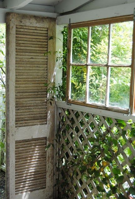 Repurpose Lattice Ideas, Shutters In The Garden, Old Window Projects Farmhouse, Exterior Curb Appeal, Exterior Window Shutters, Repurposed Shutters, Window Shutters Exterior, Exterior Window, Old Shutters