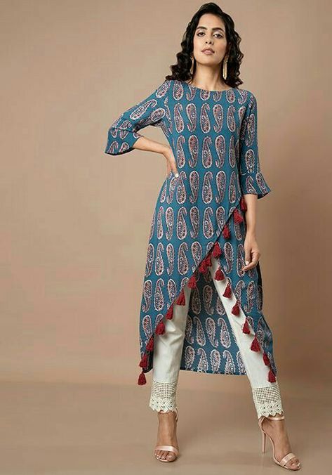 Overlapping Kurti Designs, Unique Kurta Designs Women, Dress Patterns Indian Kurti, Overlap Dress, Tunic Dress Patterns, Silk Kurti Designs, Indian Kurti Designs, Indian Tunic, Simple Kurta Designs