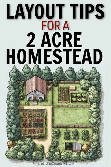 Make the most of your 2 acre homestead with a well-planned layout. Learn how to optimize space for gardens, livestock, and self-sufficiency. How much space do you need for a garden, orchard, livestock, and renewable energy. Location matters on a small homestead, be sure you have a setup that is efficient and leaves you room for growth. #homesteadlayout 3acre Homestead Layout, Garden Orchard Design, Two Acre Homestead Layout, 2acre Farm Layout, 2 Acre Landscape Design, What To Do With 2 Acres Of Land, Homestead Layout Design, Backyard Ideas 1 Acre, 5acre Homestead Layout