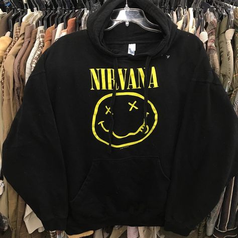 Thrifty Jweb on Instagram: “Nirvana 1992 reprint hoodie😎🤘🏼 ⚫️SOLD” Nirvana Jumper, White Nirvana Sweatshirt, Nirvana Hoodie, Nirvana Zip Up Hoodie, Nirvana Smiley Face, Nirvana Band, Urban Nirvana Shirt, Kurt Cobain, Puma Jacket