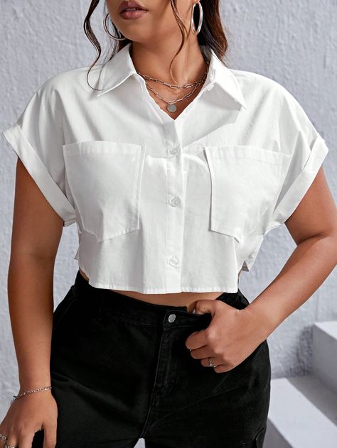 Blanco Casual Collar manga corta Tela Liso Camisa Embellished No-Elástico Cropped Shirt Outfits Women, White Crop Shirt Outfit, Cropped Collared Shirt Outfit, Camisa Crop Top Outfit, White Cropped Shirt Outfit, Crop Shirt Outfits, White Crop Top Shirt, Cropped Shirt Outfit, White Crop Shirt