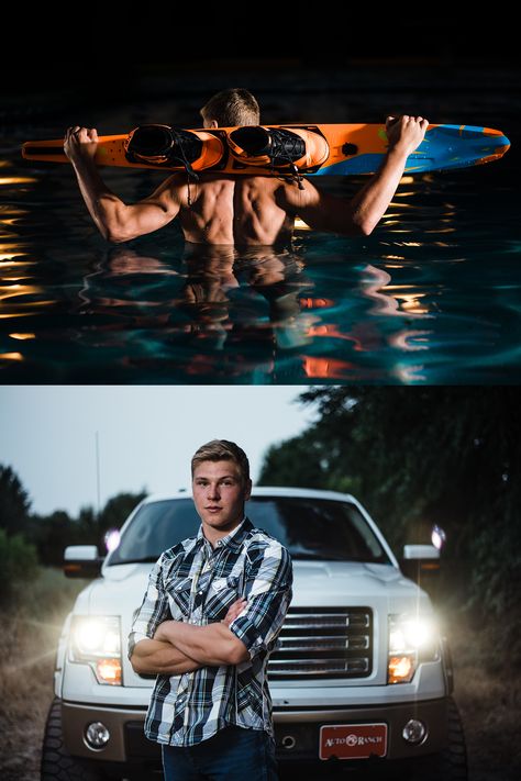 Ski Poses, Car Senior Pictures, Ski Pictures Ideas, Fun Senior Pictures, Guy Senior Poses, Lake Portrait, Truck Photography, College Wrestling, Ski Pictures