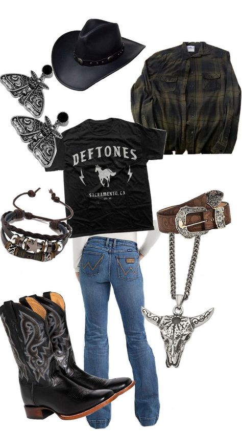 idk cute western outfit Rock Country Style, Country Rock Aesthetic Outfits, Country Alternative Outfits, Western Feminine Outfits, Roadie Outfit, Southern Rock Outfit, 2000s Country Fashion, Outlaw Country Outfit, Alternative Country Aesthetic