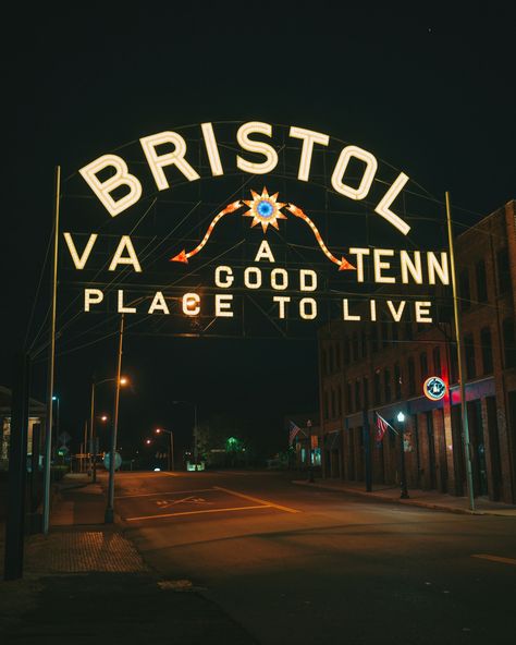 Bristol Virginia-Tennessee Slogan Sign at night Bristol Virginia, Rail Transport, Hotel Motel, Posters Framed, City Car, Best Places To Live, Image House, Gas Station, Shutter Speed