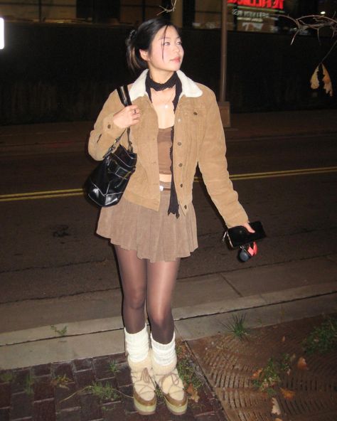 y2k style all brown fall outfit inspo. These pictures from my digital camera turned out soo cute <3 #y2k #falloutfit #falloutfitinpo #nanaanime #nanahachi #digitalpictures #vivianneWestwood Brown Check Skirt Outfit, Brown Courdory Jacket Outfit, Brown Tube Top Outfit, Y2k Brown Outfit, Brown Corduroy Jacket Outfit, Brown Outfits Aesthetic, Brown Plaid Skirt Outfit, Brown Aesthetic Outfits, Brown Y2k Outfit