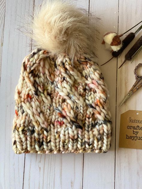 Merino Wool Chunky Knit Winter Hat With Faux Fur Pom/cable - Etsy Fall Chunky Knit Hat, Chunky Cable Knit Hat, Winter Chunky Knit Yarn Beanie, Cozy Chunky Knit Cap, Cream Hand-knitted Yarn Hat, Hedgehog Fibres, Knitting Project Bag, Winter Hats Beanie, Fur Pom Pom