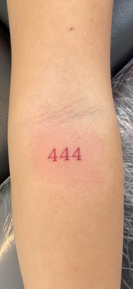 Cute Discreet Tattoos, Tiny Tattoos Angel Numbers, 444 Tattoo In Red, Angel Number Tattoo Ideas 444, Red 999 Tattoo, Angel Number Tattoos 444, Angels Number Tattoo, Red Ink Tattoos Small Words, Angel Numbers Tattoo 444