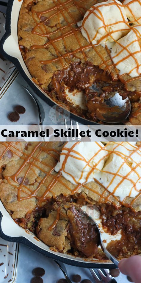 Hot Cookie Dough Recipe, Delicious Desserts Recipes, Everything Cookies, Vegeterian Dishes, Skillet Cookies, Disney Cocktails, Cookie Skillet, Janes Patisserie, Gooey Caramel