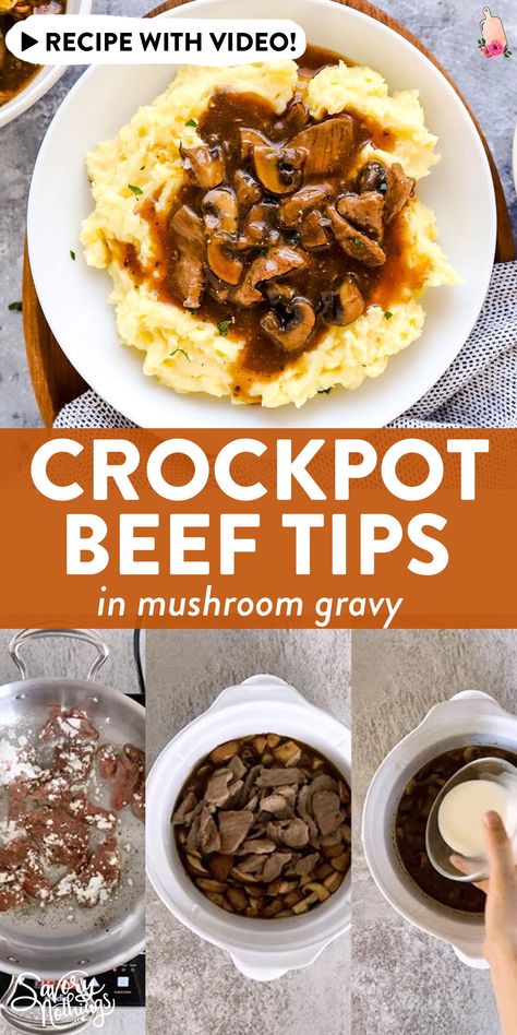 Come home to the delicious aroma of a comfort food classic waiting for you in the slow cooker: This Crockpot Beef Tips and Gravy is the perfect easy weeknight dinner! | #recipe #easyrecipe #dinner #easydinner #slowcooker #crockpot #crockpotdinner #crockpotrecipe #slowcookerdinner #slowcookerrecipe #beef #beefrecipe #beeffoodrecipe #mushrooms Beef Tips And Gravy Crockpot, Crockpot Beef Tips And Gravy, Beef Tips Slow Cooker, Classic Dinners, Crockpot Beef Tips, Crock Pot Beef Tips, Beef Tips And Gravy, Crockpot Recipes Beef, Slow Cooker Chili