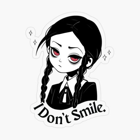 Get my art printed on awesome products. Support me at Redbubble #RBandME: https://www.redbubble.com/i/sticker/Wednesday-Addams-The-Addams-Family-I-Don-t-Smile-Quote-by-nour-draws/152641688.O9UDB?asc=u Wednesday Stickers, Wednesday Sticker, The Addams Family, Drawings Simple, Addams Family, Wednesday Addams, Art Stickers, Quote Stickers, Art Journal Pages