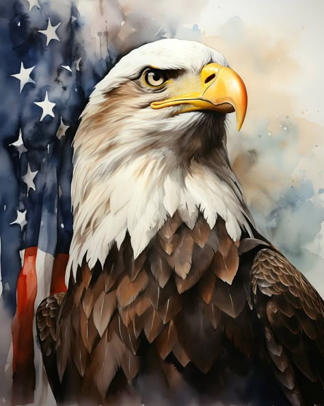 A beautiful watercolor of the majestic American Bald Eagle with the Stars and Stripes in the background.  ◼️ PLEASE NOTE This item is a digital download. No physical  item will be shipped. Due to differences in display settings, colors may appear slightly different on your screen than the actual JPG. Aspect Ratio: 4:5 Resolution: 7680 X 9600 300 DPI Format: JPG File Size: 38.2 MB Recommended Print Sizes (in inches): 4X5 8X10 12X15 16X20 Bald Eagle Art, Patriotic Pictures, Eagle Images, Eagle Painting, Patriotic Art, Eagle Pictures, Eagle Tattoos, Eagle Art, American Bald Eagle