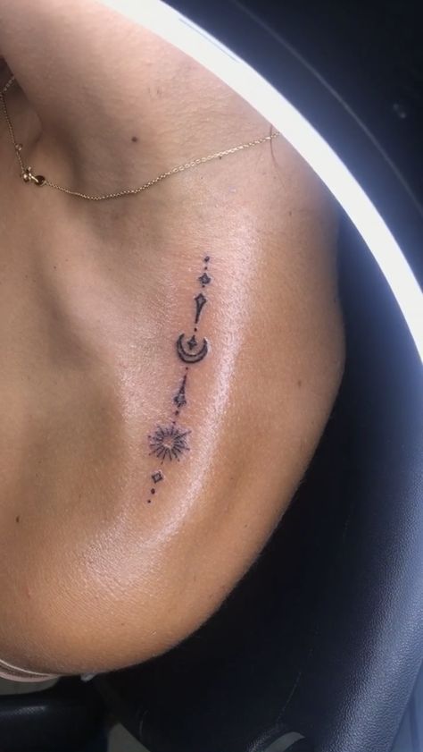 #shoulder #moon #star #tattoo Collar Bone Tattoo Sun And Moon, Shoulder Bone Tattoo, Tattoo Between Shoulder Blades, Moon Star Tattoo, Shoulder Blade Tattoo, Bone Tattoo, Shoulder Bones, Bone Tattoos, Goddess Tattoo