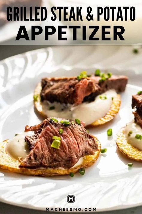 A fantastic way to cook steak and serve it to a group as a very fancy appetizer! This juicy sliced steak topped on crispy potato slices and a cream Fraiche sauce will be the winner of the night and impress all of your guests. So, if your looking for an amazing recipe to serve at your next dinner party this is a must. Your classic meat and potatoes but served in an elegant way! I love the taste of this recipe with grilled steak versus pan fried! Shaved Steak Appetizers, Steak And Potato Appetizer, Steak And Potato Bites, Potato Coins, Cream Fraiche, Steak Appetizers, Steak Toppings, Ways To Cook Steak, Steak And Potatoes