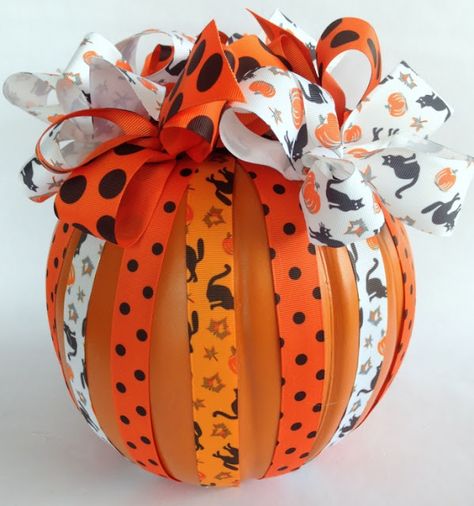 DIY Ribbons and Bows Pumpkin 5:47 AM Gail @Purple Hues and Me 7 commentsDIY Ribbons and Bows Pumpkin Decorate Pumpkins, Bow Making Tutorials, Halloween Craft Projects, Pumpkin Decor, Halloween Diy Crafts, Diy Ribbon, Fall Holidays, Purple Hues, How To Decorate