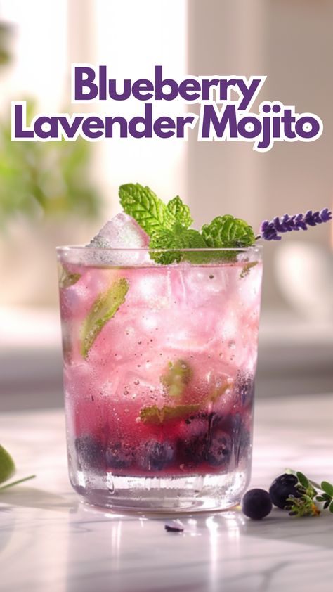 Enjoy a refreshing twist on a classic with this Blueberry Lavender Mojito. Perfect for warm weather, this cocktail combines sweet blueberries, aromatic lavender, and crisp mint for a delightful drink. It's an ideal choice for relaxing or entertaining. via @mybartender Lavender Mojito, Traditional Mojito Recipe, Blueberry Drink, Blueberry Mojito Recipe, Blueberry Drinks, Blueberry Vodka, Mint Cocktails, Blueberry Mojito, Mojito Mocktail