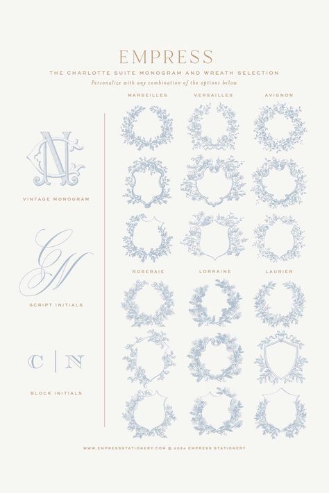 Give a sense of timeless sophistication to your wedding paper with our Charlotte Suite. Pairing classic, formal script letter styling with a traditional serif for fine details, this suite exudes tasteful luxury. With optional floral crests, wreaths, and monogram styles, Charlotte is perfect for any wedding aesthetic, from afternoon to black-tie. Wedding Invitations With Crest, Wedding Crest Ideas, Wedding Crest Monogram, Wedding Icon, Engagement Season, Paper Cocktail Napkins, Wedding Crest, Wreath Drawing, Family Monogram