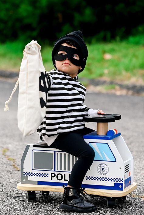 Kids robber costume Halloween Toddler Costumes Boy, Burgular Costume, Kids Homemade Halloween Costumes, Kids Halloween Costumes For Boys, Coordinating Costumes, Kids Police Officer Costume, Cops And Robbers Costume, Bank Robber Costume