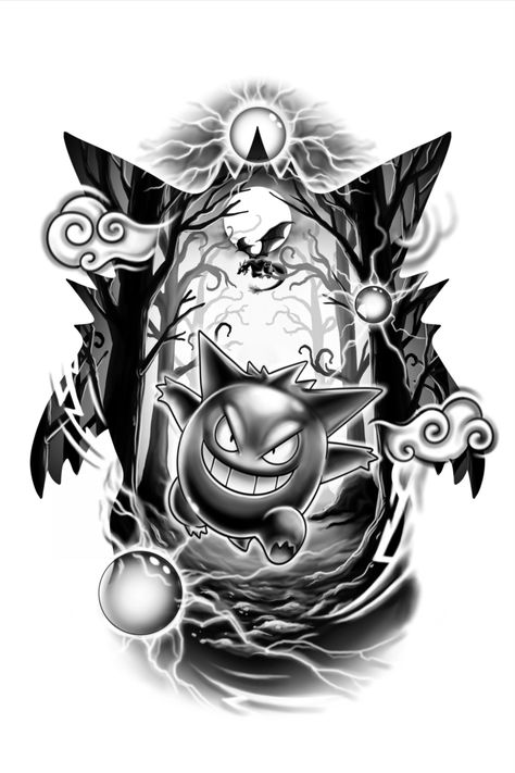 Explore the enchantment of this custom Gengar tattoo on the front thigh. In realistic black and white, Gengar sprints, casting spells towards the front and side. The forest background under the moonlight sets the mystical stage, with Charizard's silhouette soaring. An artistic fusion of Pokémon magic and ink mastery. #CustomTattoo #GengarTattoo #MoonlitMagic #ThighTattoo #RealisticInk #PokemonArt #CharizardSilhouette #TattooDesign #EnchantedInk #NighttimeTattoo Under Your Spell Tattoo, Ganger Pokemon Tattoo, Gangart Pokemon Tattoo, Gengar Pokemon Tattoo, Pokemon Tattoo Sleeve, Gengar Tattoo Design, Arcanine Tattoo, Magic Drawing Ideas, Gamer Tattoo Ideas