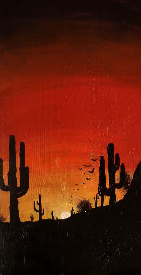 Acrylic Painting Western, Country Sunset Painting, Arizona Sunset Painting, Rodeo Paintings Easy, Western Paintings Ideas, Western Sunset Painting, Western Aesthetic Painting, Country Things To Paint, Western Things To Paint