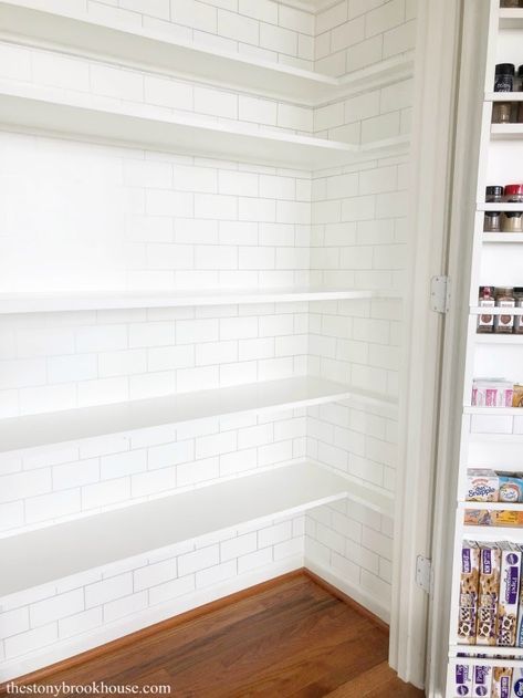 Complete shelves right side Wide Shallow Pantry Ideas, Double Door Reach In Pantry, Bifold Pantry Organization, Closet Pantry Remodel, Hallway Pantry Closet, Doors For Pantry Ideas, Long Narrow Pantry Ideas, Double Door Pantry Ideas, Closet To Pantry Convert