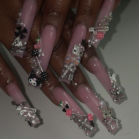 Junk nails ⭐️🖤💖 . #junknails #longnails #almondnails #bombnails #cutenails #nails #nailstyle #squarenails #pinkfrenchnails #nailinspo #hellokittynails #valentinobeautypure #lanails #nailtech #nailart #whitenails #ombrenails #airbrushnails #glitternails #pinknails #chromenails Long Nail Designs With Charms, Rhinestone Junk Nails, Long Nail Design Ideas, Long Junk Nails With Charms, Junk Nails Long, Nails With Piercing Charms, Long Charm Nails, Junk Nails Bling Medium, Silver Junk Nails