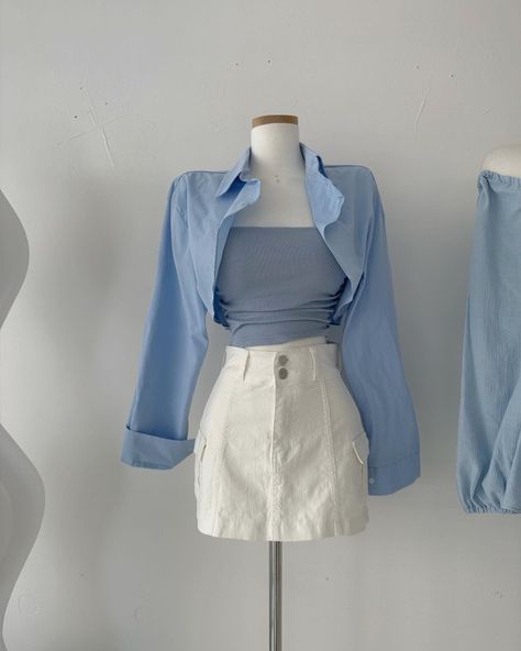 Korean Theme Outfit, Blue And White Formal Outfit, Blue Top And Skirt Outfit, Korean Inspired Outfits Casual, Korean Modern Outfits, Light Blue Formal Outfit, Pale Blue Outfit Aesthetic, Soft Blue Aesthetic Outfits, White Blue Outfit Aesthetic