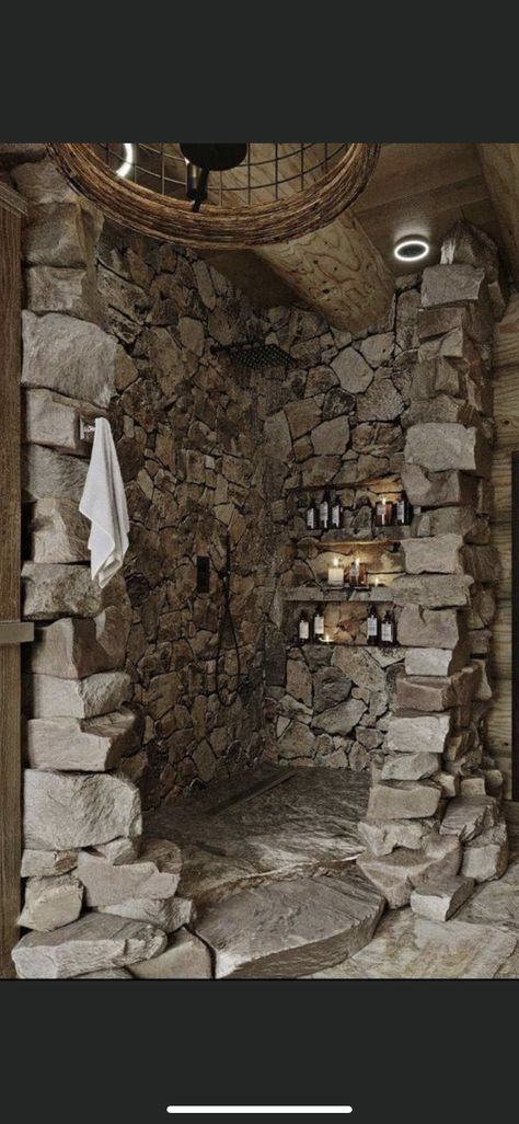 Rustic Bathroom Shower, Cordwood Homes, Mountain Cabin Decor, Log Home Interiors, Log Cabin Rustic, Storybook Homes, Dream Shower, Stone Shower, Cabin Bathrooms