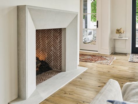 Cement Fireplace, Concrete Fireplace Surround, Modern Fireplace Mantels, Brick Material, Fireplace Facade, Fireplace Built Ins, Concrete Fireplace, Family Room Fireplace, Fireplace Hearth