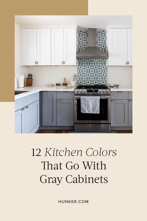 If you're anything like us, you're probably ready for some inspo. Scroll on for 12 wall colors that will look picture-perfect with gray cabinets. #hunkerhome #greycabinets #greykitchen #kitchenideas #kitchencabinetideas Grey Cabinets In Kitchen, Gray Kitchen Cabinets Paint Colors, Cabinet Colors For Grey Walls, Gray And Green Kitchen Ideas, Light Grey Painted Kitchen Cabinets, Cabinet Color With Grey Walls, Painted Grey Cabinets, Paint Colors To Go With Gray Cabinets, Gray Cabinet Kitchen Wall Color