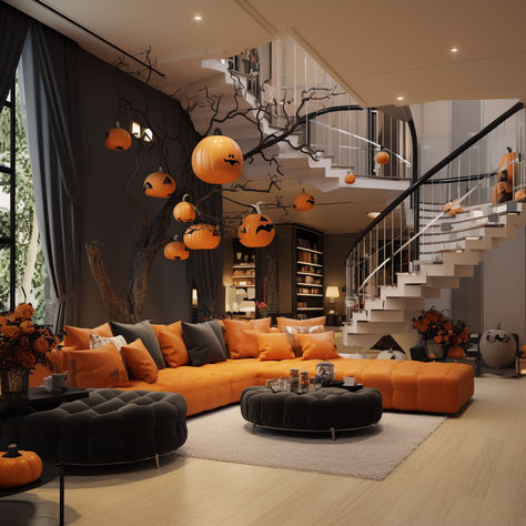 Explore a modern, Halloween-themed living room featuring an orange couch, pumpkin decorations, and a dark, spooky theme. Enhanced with multi-layered design and wrought iron details for a grandiose interior. #HalloweenDecor #ModernLivingRoom #SpookyChic Halloween Theme Living Room, Haunted Living Room, Halloween Sofa Decor, Haunted House Aesthetic Interior, Gothic Living Room Ideas, Spooky Living Room, Halloween Interior Decorations, Witchy Living Room, Haunted Houss Interior Sofa