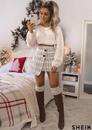 Button Front Wrap Tweed Skirt (Shein) Hoddies Outfits, Cute Skirt Outfits, Christmas Outfits Women, Shein Outfits, Looks Party, Christmas Outfits, Cute Winter Outfits, Fall Fits, Cute Fall Outfits