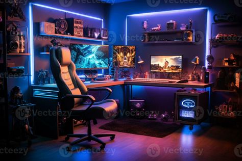 Content Creation Room, Custom Gaming Desk, Cool Gaming Rooms, Gaming Themed Bedroom, Game Room Wall Decor, Game Room Wall Art, Gaming Room Decor, Dual Screen, Dual Monitor