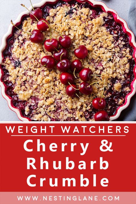 Weight Watchers Cherry and Rhubarb Crumble Dessert Recipe is a delicious summer dessert that is easy to make. The tartness of the rhubarb is balanced perfectly by the sweetness of the cherries, and the crunchy topping adds a delightful texture contrast. To make this dessert, you will need cherries, rhubarb, cherry preserves, flour, rolled oats, dark brown sugar, ground cinnamon, nutmeg, salt, and butter. Rhubarb Apple Crisp, Cherry Rhubarb, Cherry Crisp Recipe, Fat Free Vegan, Cherry Crisp, Cherry Crumble, Cherry Preserves, Smart Points Recipes, Texture Contrast