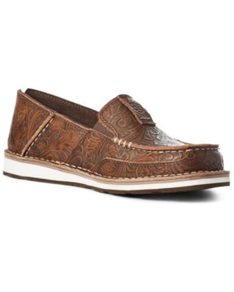 Ariat Womens Floral Embossed Cruiser Shoes - Moc Toe, Brown Ariat Cruisers, Womens Cowgirl Boots, Leather Slip On Shoes, Brown Floral, Flat Sneakers, Cowgirl Boots, Leather Slip Ons, Slip Ons, Embossed Leather