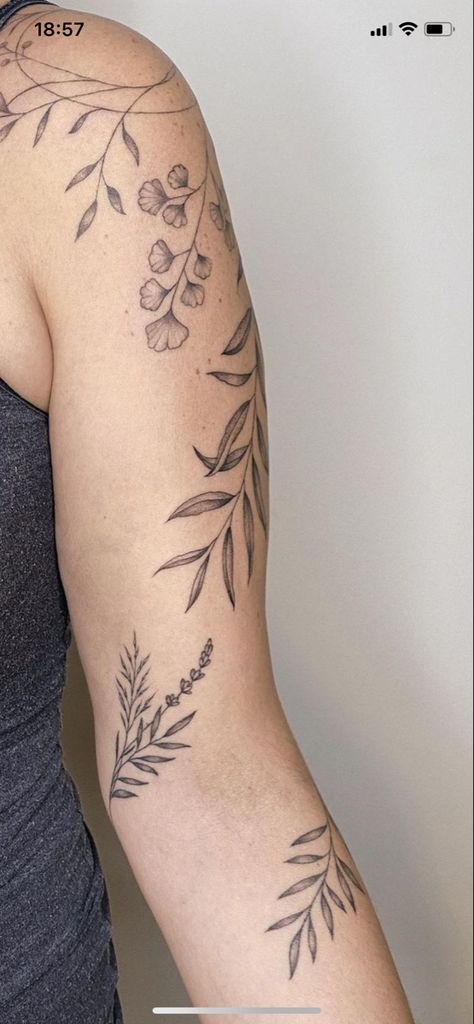 Leaf Half Sleeve Tattoo, Foliage Wrap Around Tattoo, Greenery Arm Tattoo, Foliage Shoulder Tattoo, Vine Leaves Tattoo Arm, Fine Line Vine Tattoo Arm, Green Vine Tattoo Arm, Fruit Vine Tattoo, Foliage Arm Wrap Tattoo