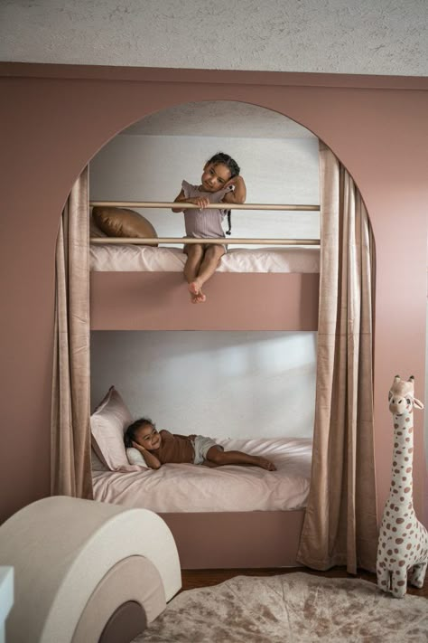 DIY ARCHED BUNK BED | Birthday Gift | HomeOfTheHarveys.com Built In Bunk Beds Arch, Creative Bunk Beds, Upholstered Bunk Bed, Kids Bedroom Bunk Beds, Kids Room Bunk Bed, Fun Bunk Beds, Bunk Bed Girls Room, Girls Room Bunk Beds, Bunk Bed Diy