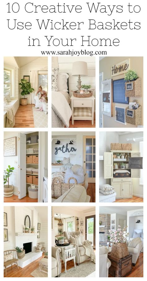 10 Creative Ways to Use Wicker Baskets in Your Home. Simple ideas for how to decorate with wicker baskets. Wall Wicker Basket Decor, Wicker Basket Decor, Basket Decor Ideas, Vintage Farmhouse Bathroom, Decorate With Baskets, Mom Cave, Wall Decor Storage, House Design Ideas, Side Table Decor