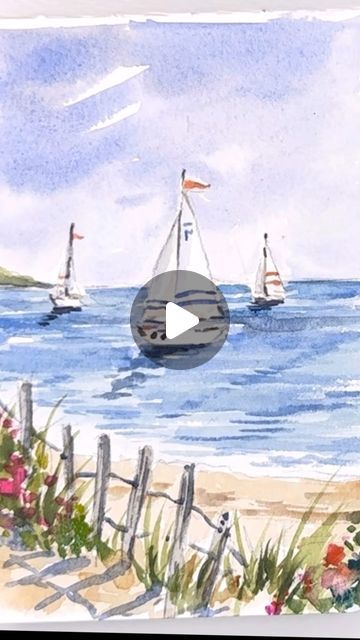 Sailboat On The Ocean, Watercolor Beach Scenes, Sailboat Painting Watercolor, Boat Watercolor Painting, Watercolour Buildings, Watercolor Boats, Ocean Watercolor Painting, Large Watercolor Painting, Sea Landscape Painting