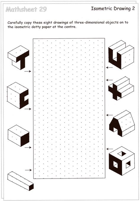 isometric drawing Isometric Sketch, Isometric Drawing Exercises, Isometric Paper, Drawing Worksheet, Drawing Worksheets, Orthographic Drawing, Isometric Map, Isometric Drawing, Art Worksheets