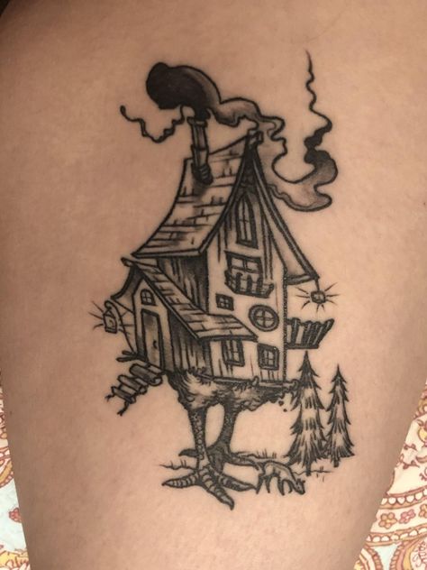 Strega Nona Tattoo, Baba Yaga House Tattoo, Russian Tattoo Ideas, Storybook Tattoo, Baba Yaga Tattoo, Fairytale Tattoos, Baba Yaga Art, Babayaga Tattoo, Fairytale Tattoo