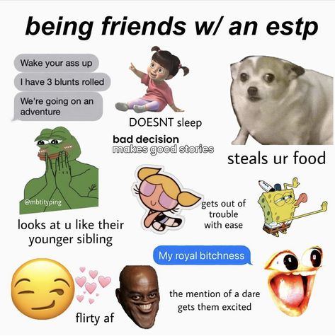 minastyping on ig (don’t use 16personalities) Estp Things, Estp Memes, Estp Aesthetic, Mbti Dynamics, Mbti Comics, Estp Mbti, Estp Personality, 16 Personality Types, Infj Type