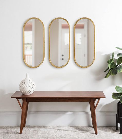 Kate and Laurel Caskill Glam Wall Mirror Set, Set of 3, 10 x 22, Gold, Decorative Modern Mirror Wall Decor Collection with Minimal Frame and Capsule Oval Shape Modern Mirror Wall Decor, Multiple Mirrors, Mirror Dining Room, Condo Furniture, Wall Mirrors Set, Framed Wall Mirror, Modern Mirror Wall, Oval Wall Mirror, Wood Wall Mirror