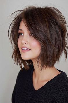 Short Hair With Bangs For Thick Hair, Brown Hair Bob Medium, Medium Shaggy Bob With Bangs, Short Choppy Hairstyle Women, Choppy Short Bob, Bob Shag Haircut, Choppy Inverted Bob, Bob Haircut With Curtain Bangs, Short Haircuts With Layers