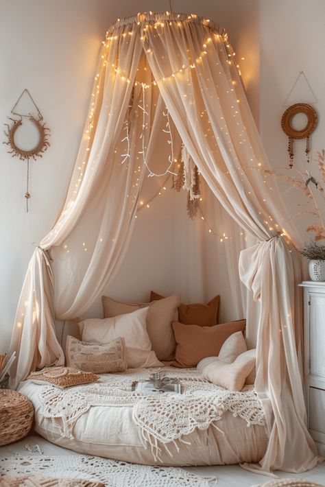 29 Cozy Boho Style Bedroom Ideas 6 Bedroom Cozy Fairy Lights, Fairy Light Canopy Bedroom, Corner Bed With Canopy, Fairy Theme Bedroom Ideas, Bedroom With Vines And Fairy Lights, Boho Cozy Corner, Canopy Bed Corner, Fairy Tale Room Decor, Sage Green Cottage Core Bedroom