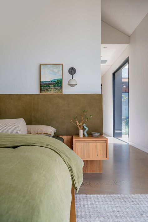 Photo 11 of 13 in An Australian Family’s Farmhouse Reflects the Splendor of Its Surroundings - Dwell Concrete Floors Bedroom, Australian Bedroom, Plywood Headboard, Unique Headboards, Walnut Bed, Bunk Room, Night Stands, Concrete Floor, Young Couple