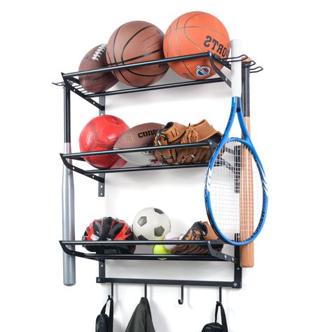 PRICES MAY VARY. 【Large Capacity】3 shelves designed, this garage storage rack can be used to store more balls, sports stuffs like football,rackets, bats, basketball storage, even helmets, jackets. Organize all your sports equipment. 【Special Hooks Hold Your Rackets】 This sports ball storage design with 4 bat hooks to hold all types of rackets and baseball bat, and the others bottom 4 hooks can hang gloves, backpack, helmets and all your sportswear. 【Durable & Sturdy】 Made of pure iron,this wall Football Shoulder Pads Storage, Sports Net Toy Storage, Kids Sports Storage Garage, Store Sports Equipment, Elfa Sports Storage, Peleton Storage, Workout Equipment Storage Closet, Sports Ball Storage Garage, Hockey Gear Storage Cubbies