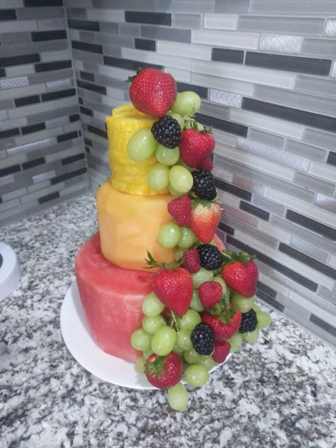 Fruit Cake, Watermelon Pineapple Cantaloupe Berries Healthy Wedding, Colorful Birthday Cake Made From Fruit, Cake Made From Fruit Only, Tiered Fruit Cake, Cake Out Of Fruit, Birthday Cake Made Out Of Fruit, Fruit Shaped Cake, Fruit Bday Cake, Cakes Made Out Of Fruit, Cake Made From Fruit