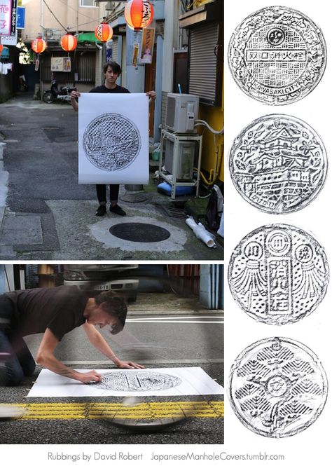 Various artists doing manhole cover rubbings - US, Canada, Japan Manhole Cover Art, Rubbings Art Ideas, Manhole Cover Ideas, Manhole Cover, Art Analysis, Printmaking Projects, Sheet Music Crafts, Adobe Illustrator Design, High School Art Projects