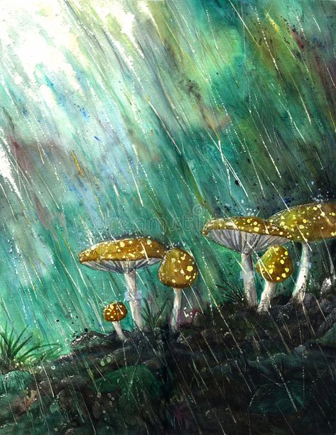 Mushrooms in the Rain. Watercolor painting of rain splashing down on mushrooms , #AD, #Watercolor, #Rain, #Mushrooms, #painting, #mushrooms #ad Painting Of Rain, Mushrooms Painting, Painting Mushrooms, Rain Watercolor, Mushroom Watercolor, Mushroom Paint, Rain Painting, Rain Art, Mushroom Art